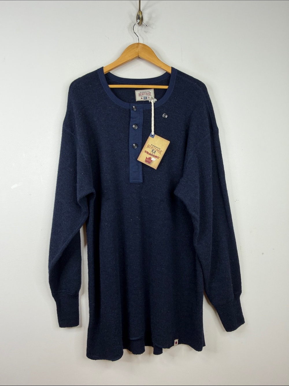 New Stanfields Henley Sweater Men 2XL Blue Wool Long Sleeve Shirt Made in Canada